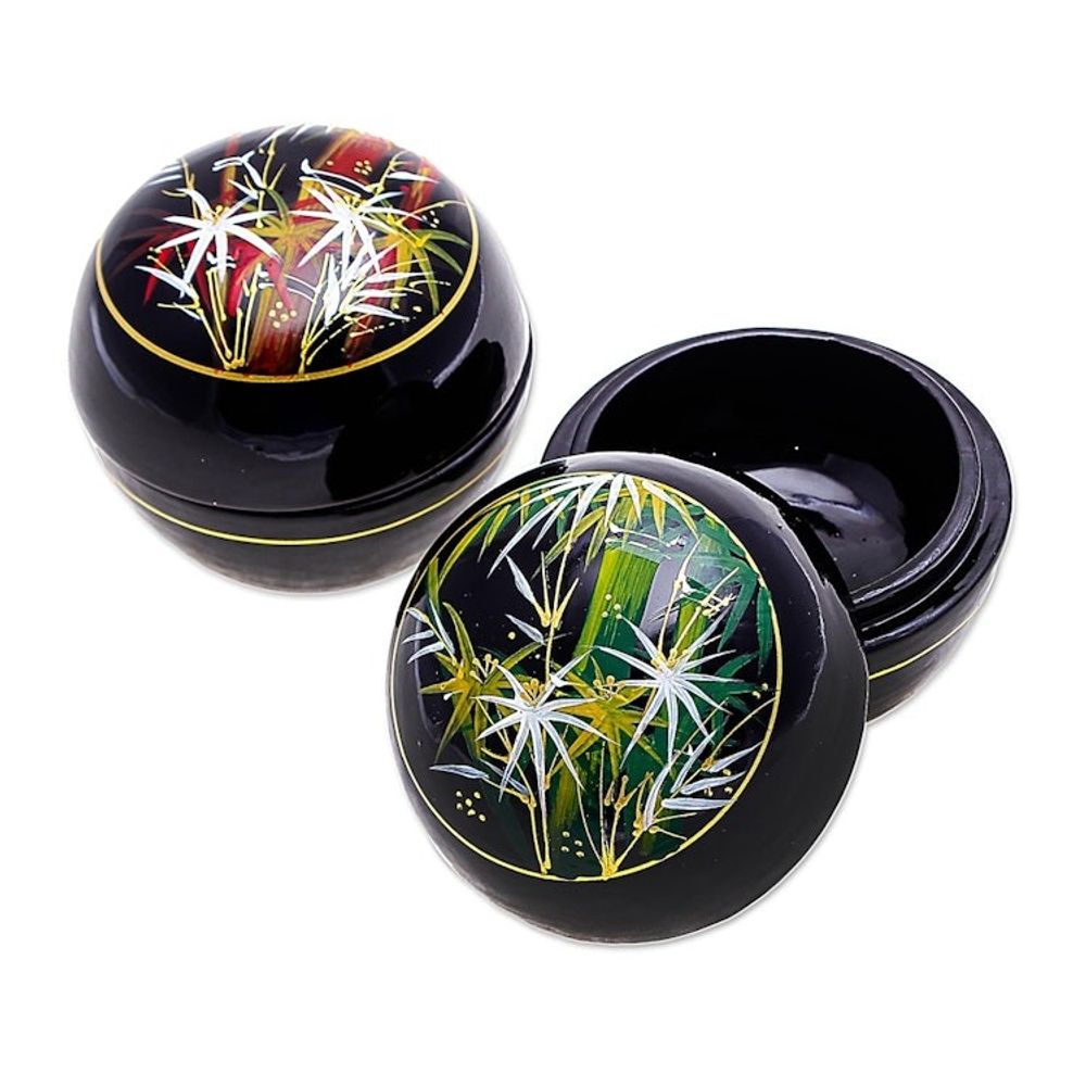 Round Lacquerware Wood Boxes Pair 'Bamboo Flair'