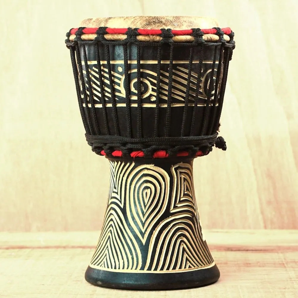 Wood Mini Djembe Drum with Line Motifs from Ghana 'Contours of Music'