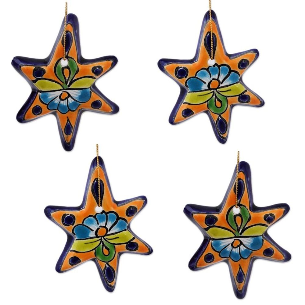 Talavera Ceramic Star Ornaments Crafted in Mexico Set of 4 'Talavera Stars'