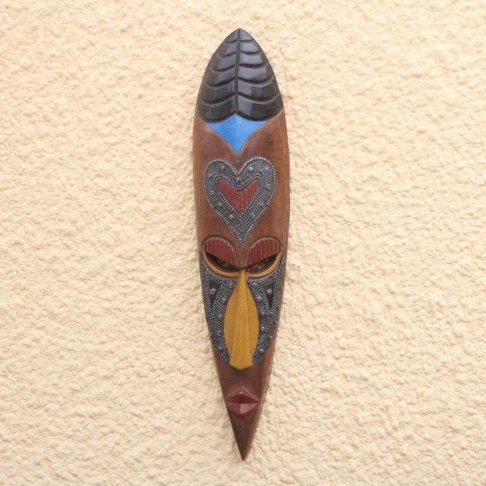 Heart-Pattern African Wood and Aluminum Mask from Ghana 'Ghanaian Love'
