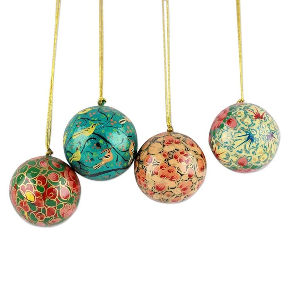 India Handmade Papier Mache Christmas Ornaments Set of 4 'Christmas Joy'