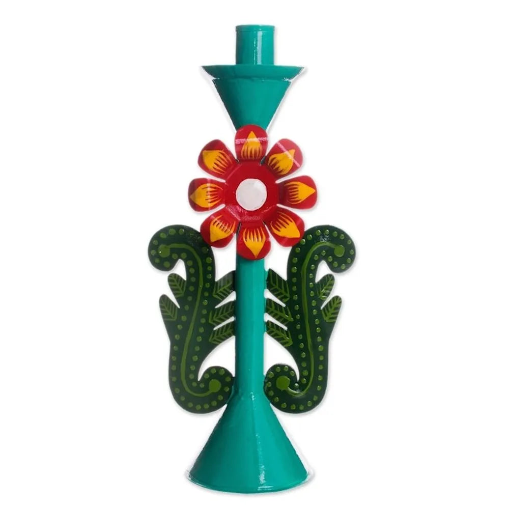 Recycled Metal Flower Candle Holder in Aqua from Peru 'Margarita Beauty in Aqua'