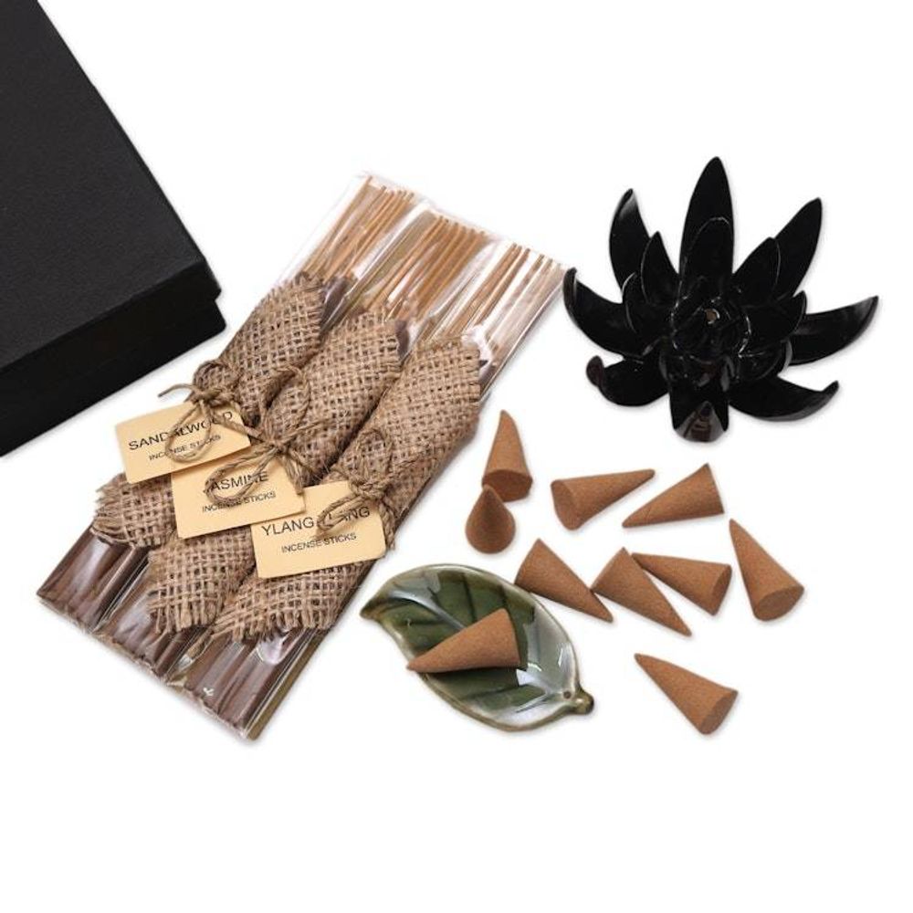 Boxed Aromatherapy Incense and Holder Set 'Blooming Lotus in Black'