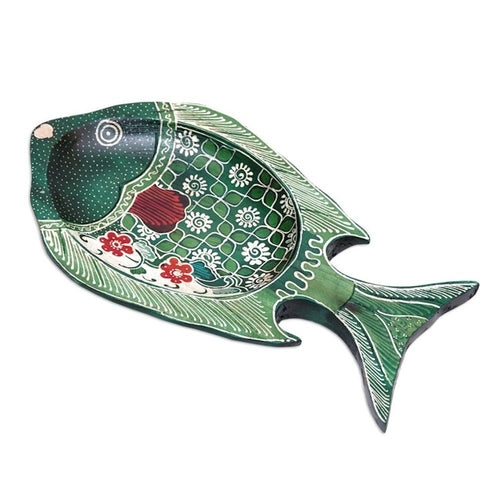 Batik Fish-Shaped Green and Red Pule Wood Decorative Plate 'Truntum Ocean'