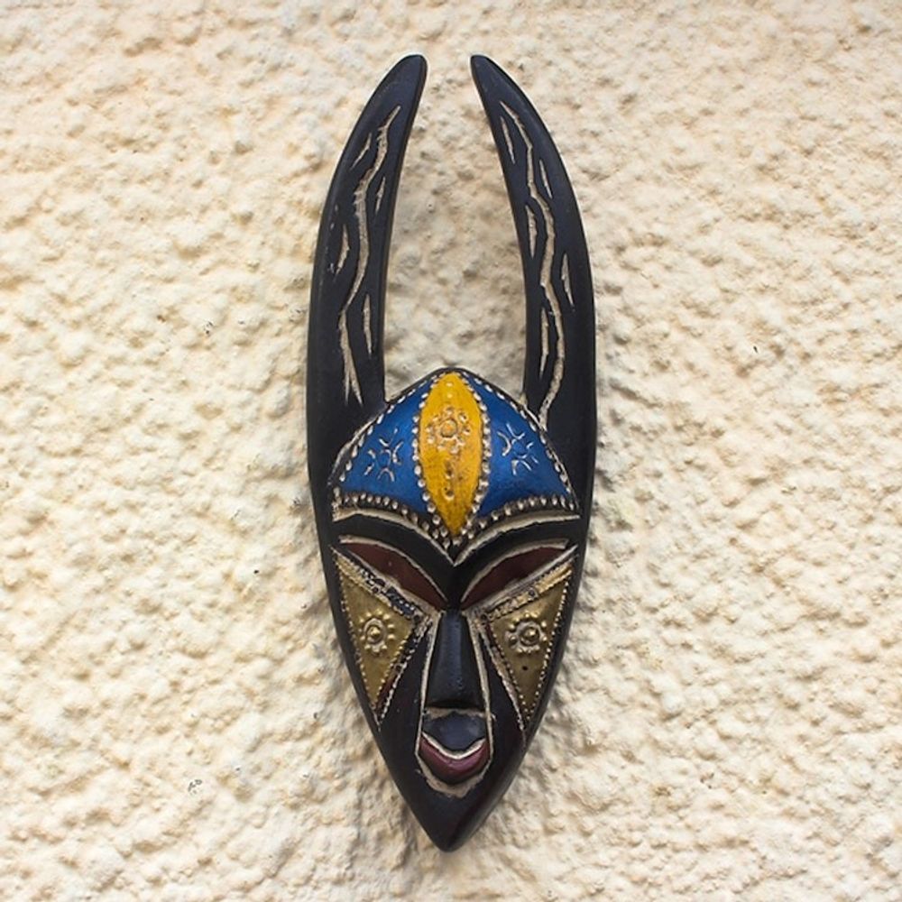 Embossed Brass and Wood African Mask 'Sanufu Horns'