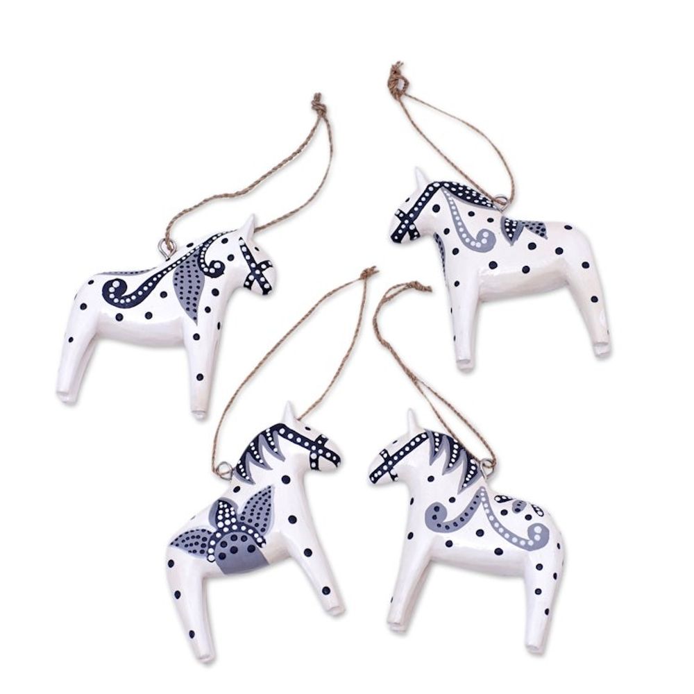 4 Wood White Dala Horse Ornaments Carved Painted by Hand 'Dala Courage'
