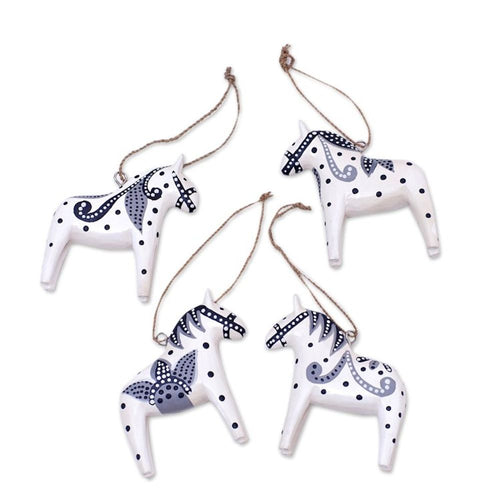 4 Wood White Dala Horse Ornaments Carved Painted by Hand 'Dala Courage'