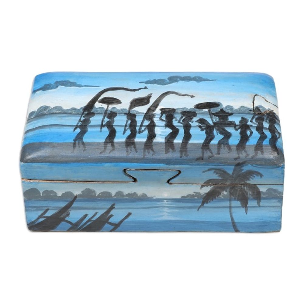 Painted Melasti-Inspired Suar Wood Decorative Box in Blue 'Melasti Morning'