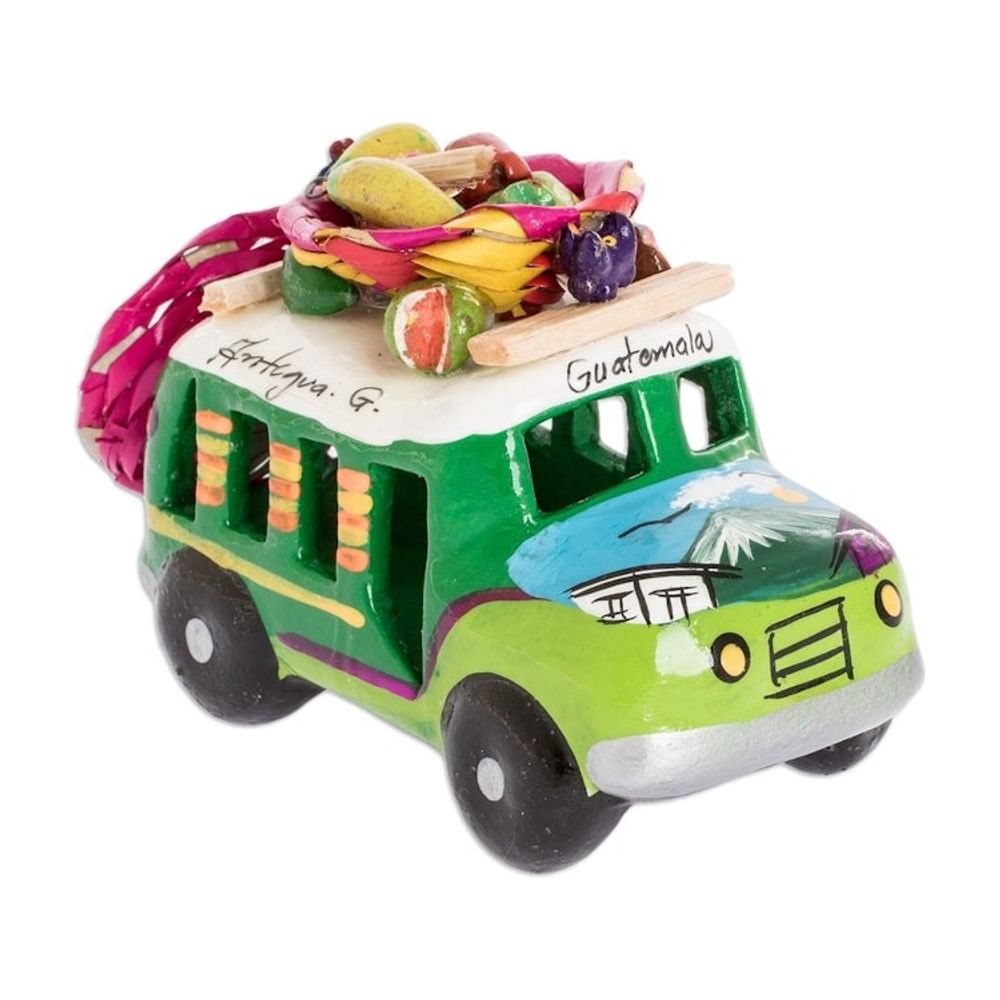 Two Tone Green Ceramic Bus Figurine from Guatemala 'Green Old Time Bus'