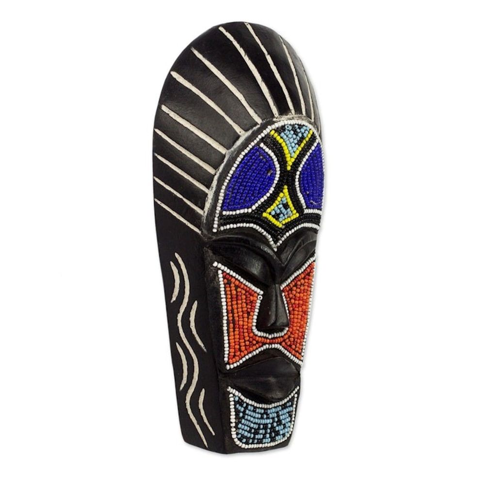 Black African Mask Wood Recycled Glass Beads from Ghana 'Wangari Warrior'