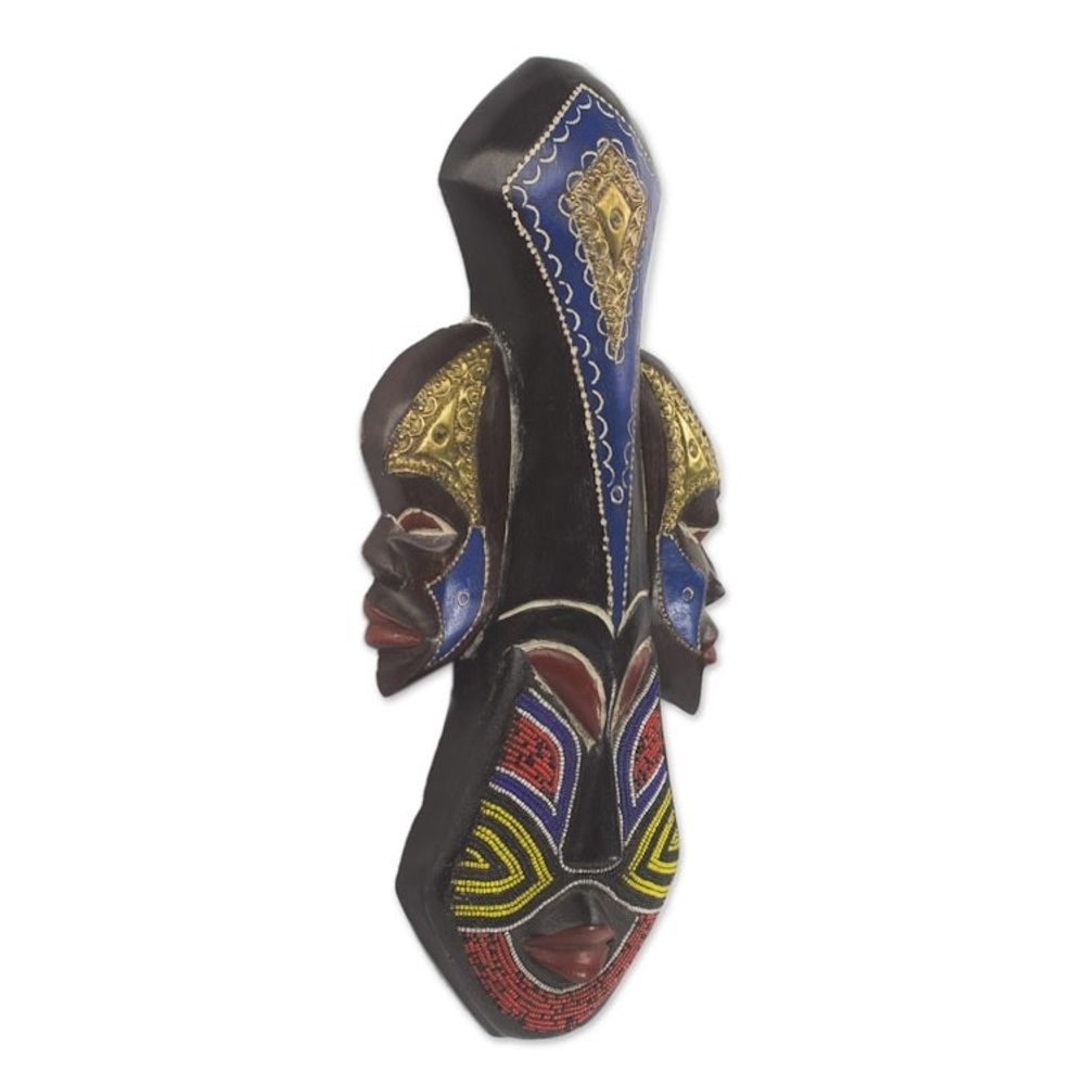 Beaded Wood Three Faced African Wall Mask Crafted by Hand 'Glorious Work'