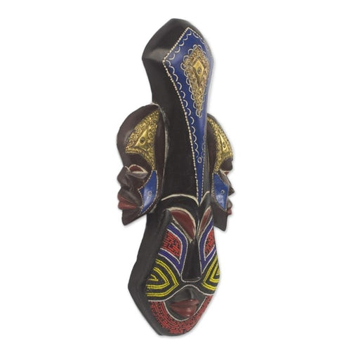 Beaded Wood Three Faced African Wall Mask Crafted by Hand 'Glorious Work'