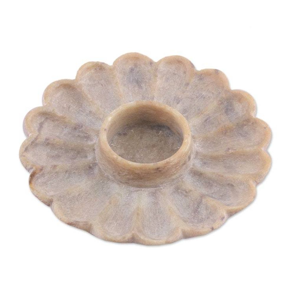 Flower-Shaped Hand-Carved Natural Soapstone Tealight Holder 'Floral Magnificence'