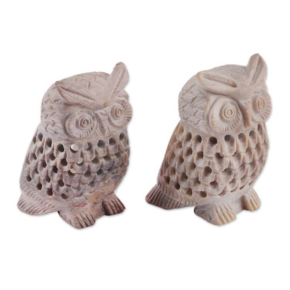Owl-Themed Openwork Jali Soapstone Tealight Holders Pair 'Owl Glory'