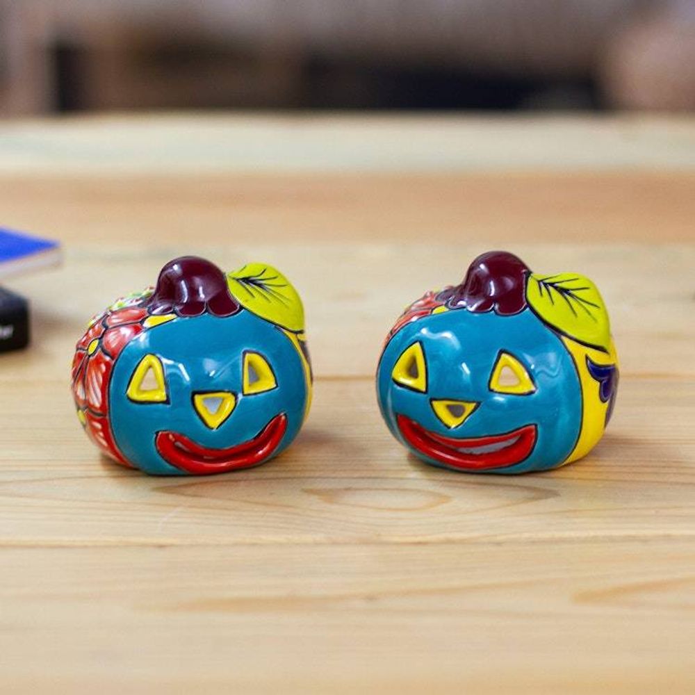 Jack-O-Lantern Talavera Ceramic Tealight Holders Pair 'Bright Jack-O-Lantern'