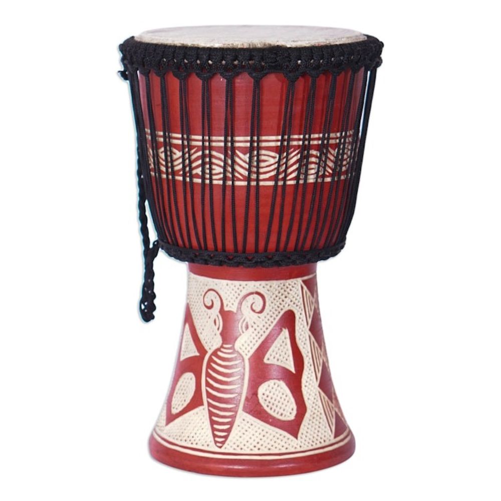 Butterfly-Themed Red Sese Wood and Goat Skin Djembe Drum 'Butterfly Beat'