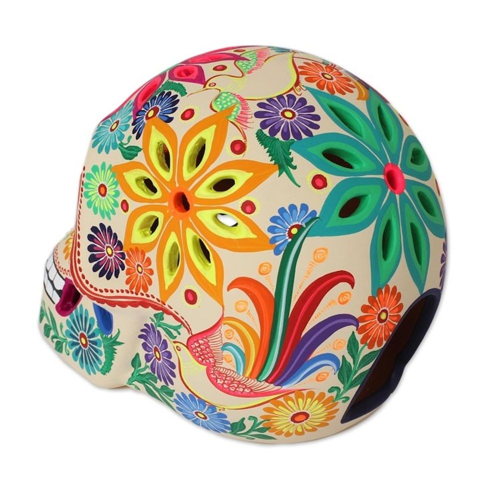 Floral Skull Ceramic Tealight Holder from Mexico 'Floral Skull'