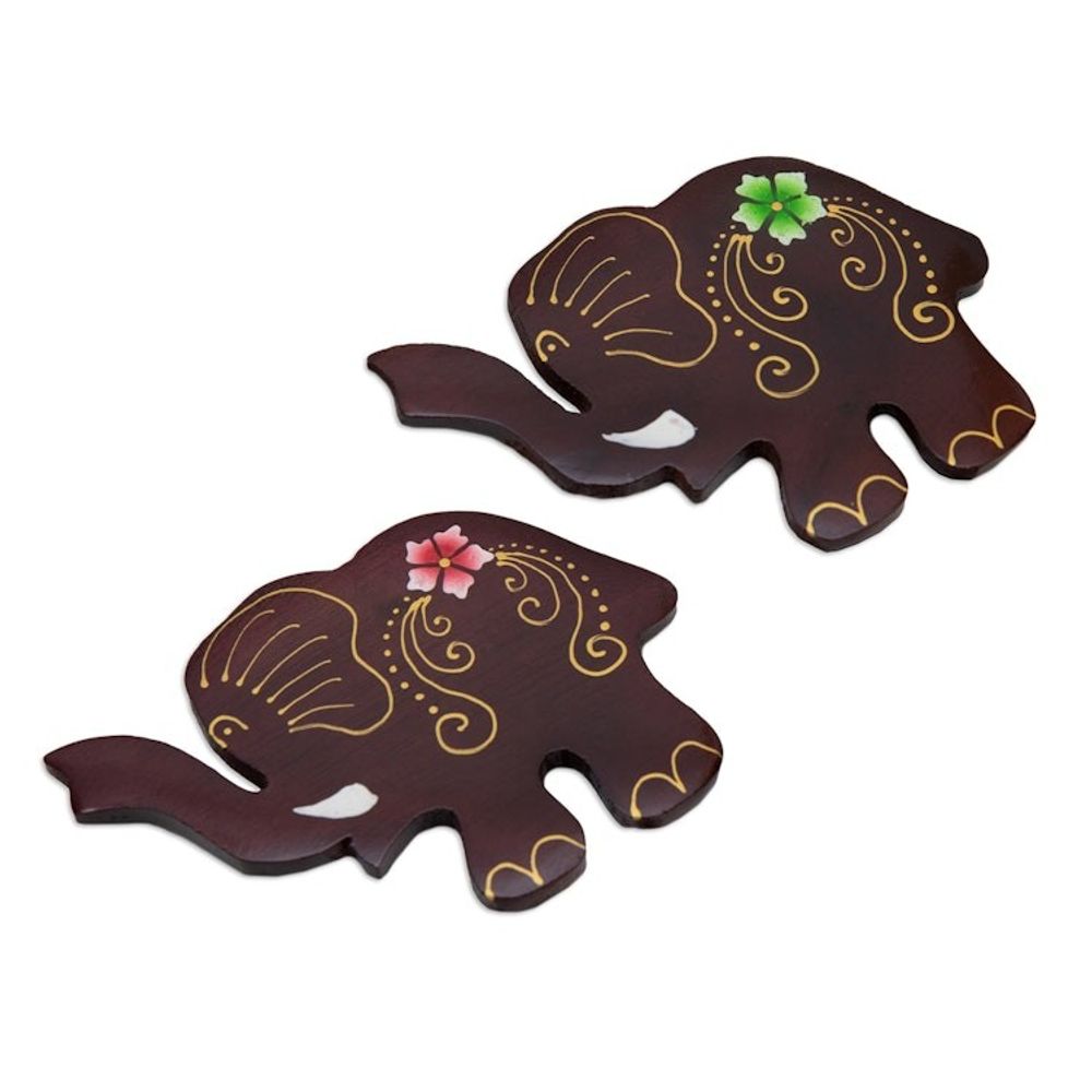 Set of 2 Hand-Painted Floral Elephant-Shaped Wood Magnets 'Paradisial Elephants'