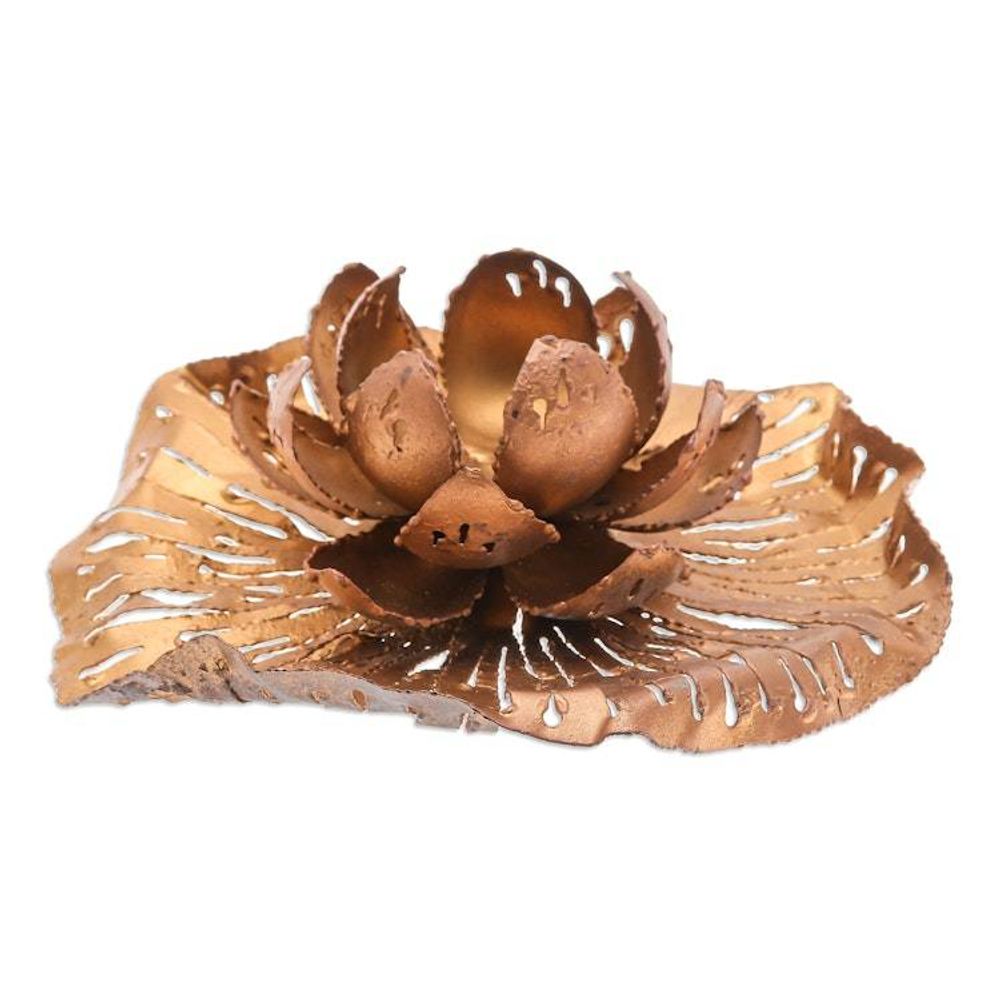 Golden-Toned Lotus-Themed Iron Tealight Candleholder 'Heaven's Lotus'