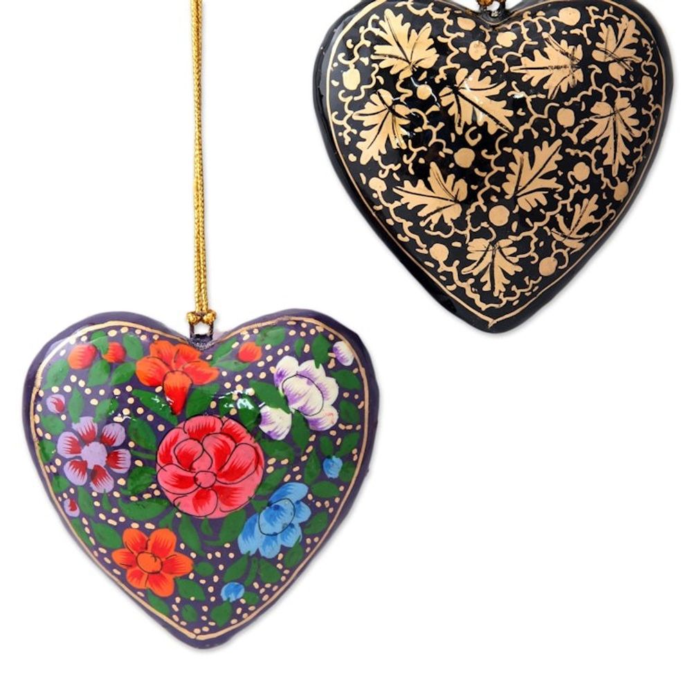 4 Floral Hearts Artisan Crafted Papier Mache Ornaments Set 'Season of Love'