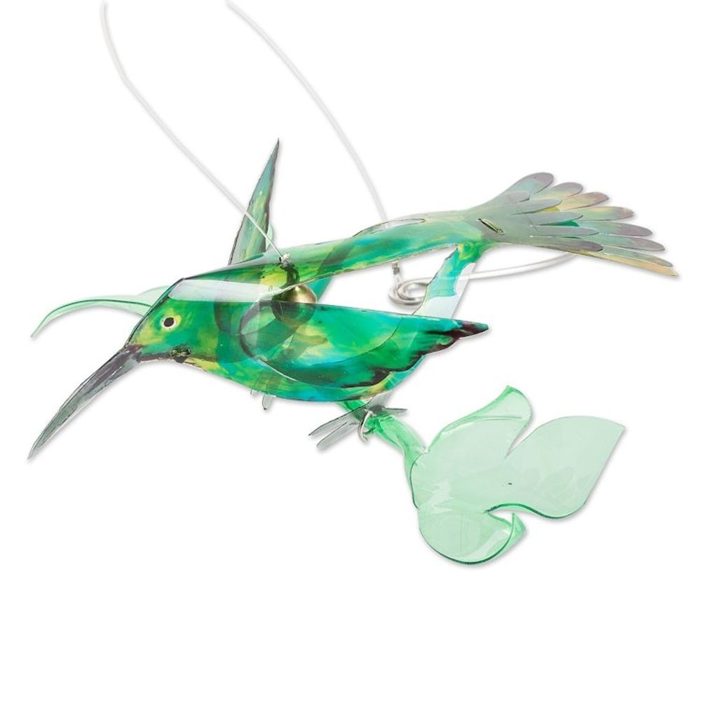 Hand-Painted Recycled Plastic Mobile of a Green Hummingbird 'Magical Fauna'