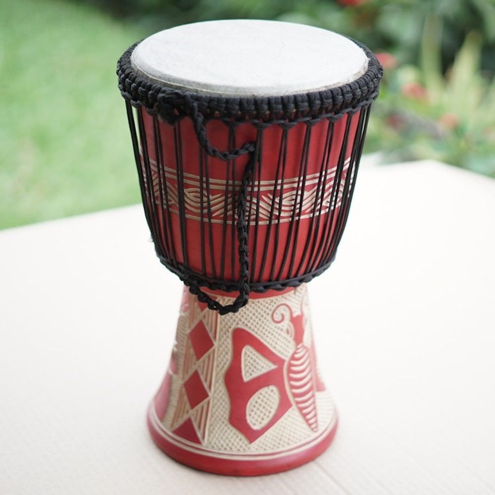 Butterfly-Themed Red Sese Wood and Goat Skin Djembe Drum 'Butterfly Beat'