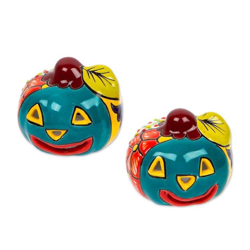 Jack-O-Lantern Talavera Ceramic Tealight Holders Pair 'Bright Jack-O-Lantern'
