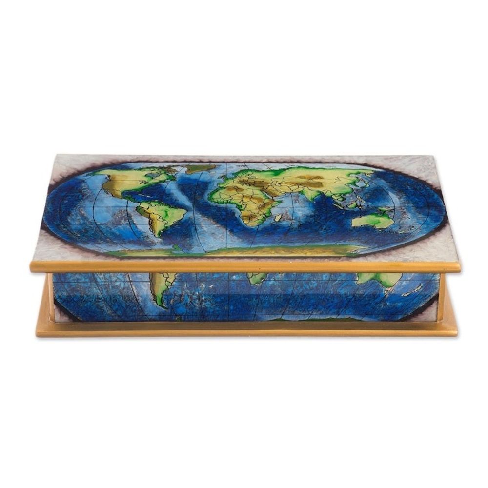 Map of the World Reverse-Painted Glass Wood Decorative Box 'World View'