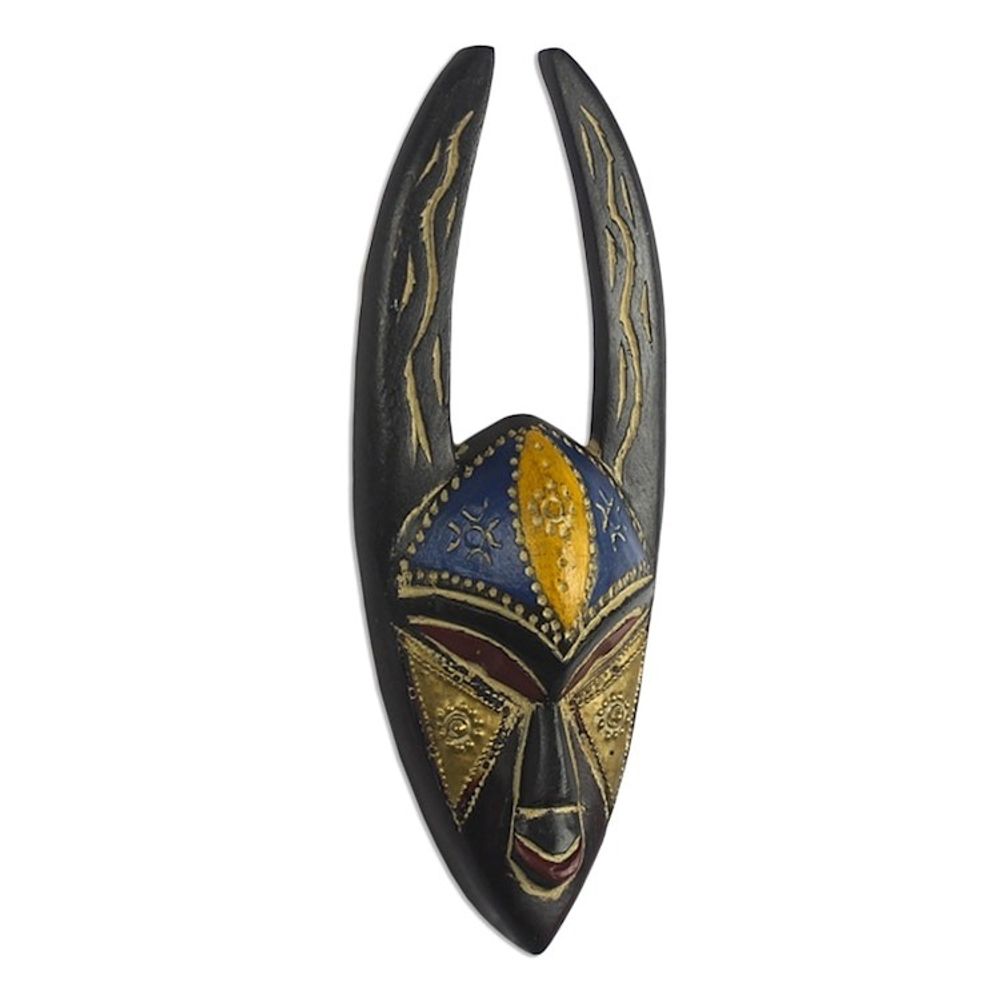 Embossed Brass and Wood African Mask 'Sanufu Horns'
