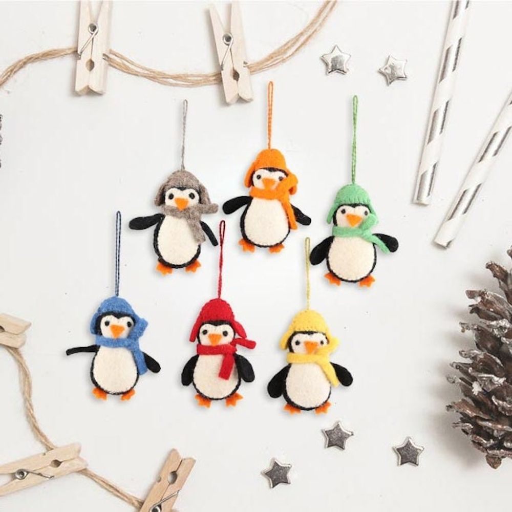 Handmade Felted Wool Penguin ornaments Set of 6 'Cozy Penguins'