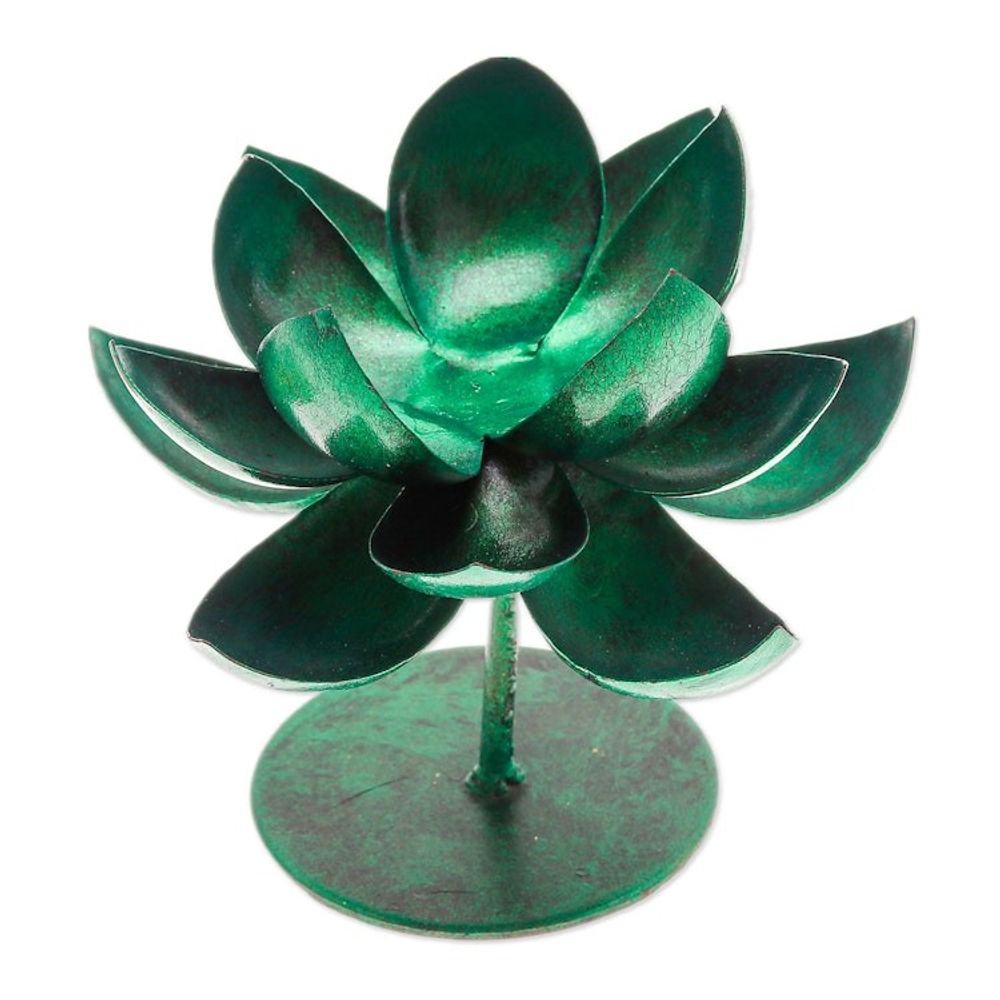 Handmade Lotus-Shaped Metallic Green Steel Tealight Holder 'Lotus Benison in Green'