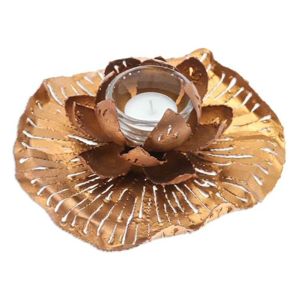 Golden-Toned Lotus-Themed Iron Tealight Candleholder 'Heaven's Lotus'