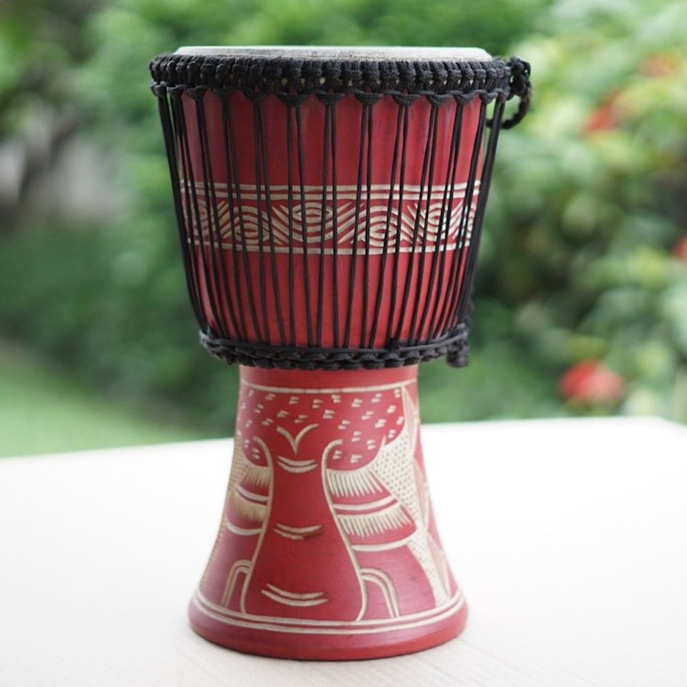 Butterfly-Themed Red Sese Wood and Goat Skin Djembe Drum 'Butterfly Beat'