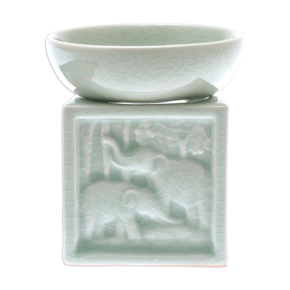 Elephant-Themed Celadon Ceramic Oil Warmer from Thailand 'Elephant Jungle'