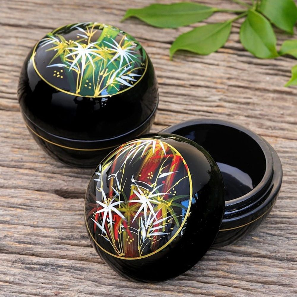 Round Lacquerware Wood Boxes Pair 'Bamboo Flair'