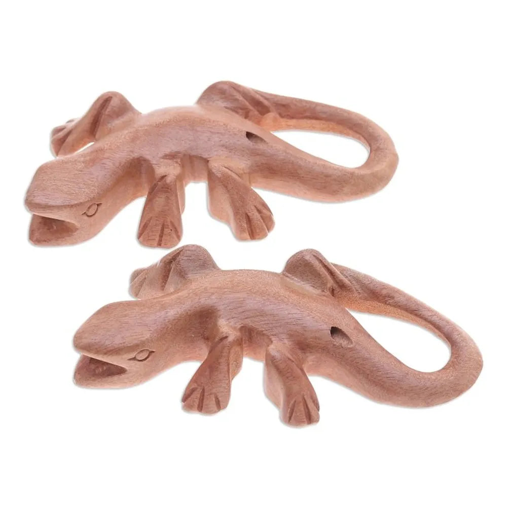 Hand-Carved Raintree Wood Gecko Ocarina Pair from Thailand 'Gecko Song'