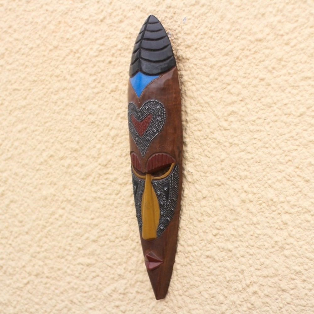 Heart-Pattern African Wood and Aluminum Mask from Ghana 'Ghanaian Love'