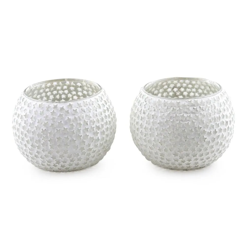 White Star Glass Mosaic Tealight Holders Pair 'Festive Stars'