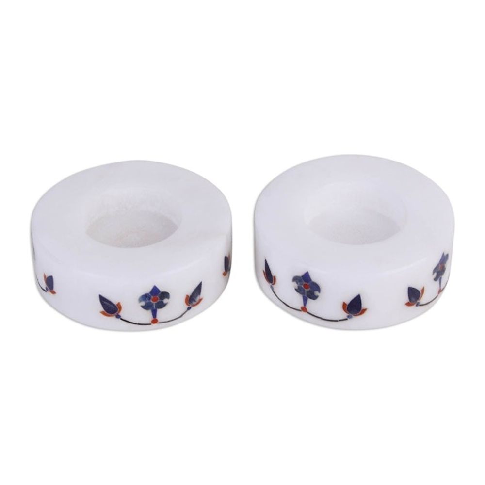 Round Marble Tealight Holder with Blue Blooming Buds Pair 'Floral Symmetry in Blue'