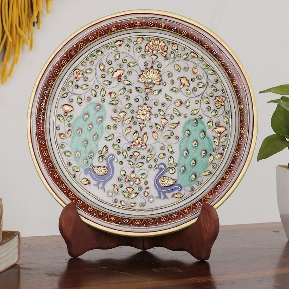 Floral Marble Decorative Plate with Hand-Painted Peacocks 'Peacock Creation'