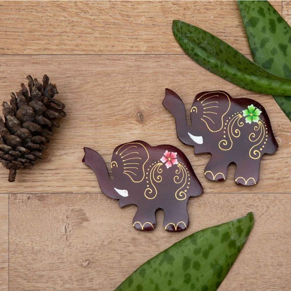 Set of 2 Hand-Painted Floral Elephant-Shaped Wood Magnets 'Paradisial Elephants'