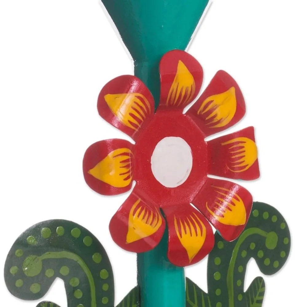 Recycled Metal Flower Candle Holder in Aqua from Peru 'Margarita Beauty in Aqua'