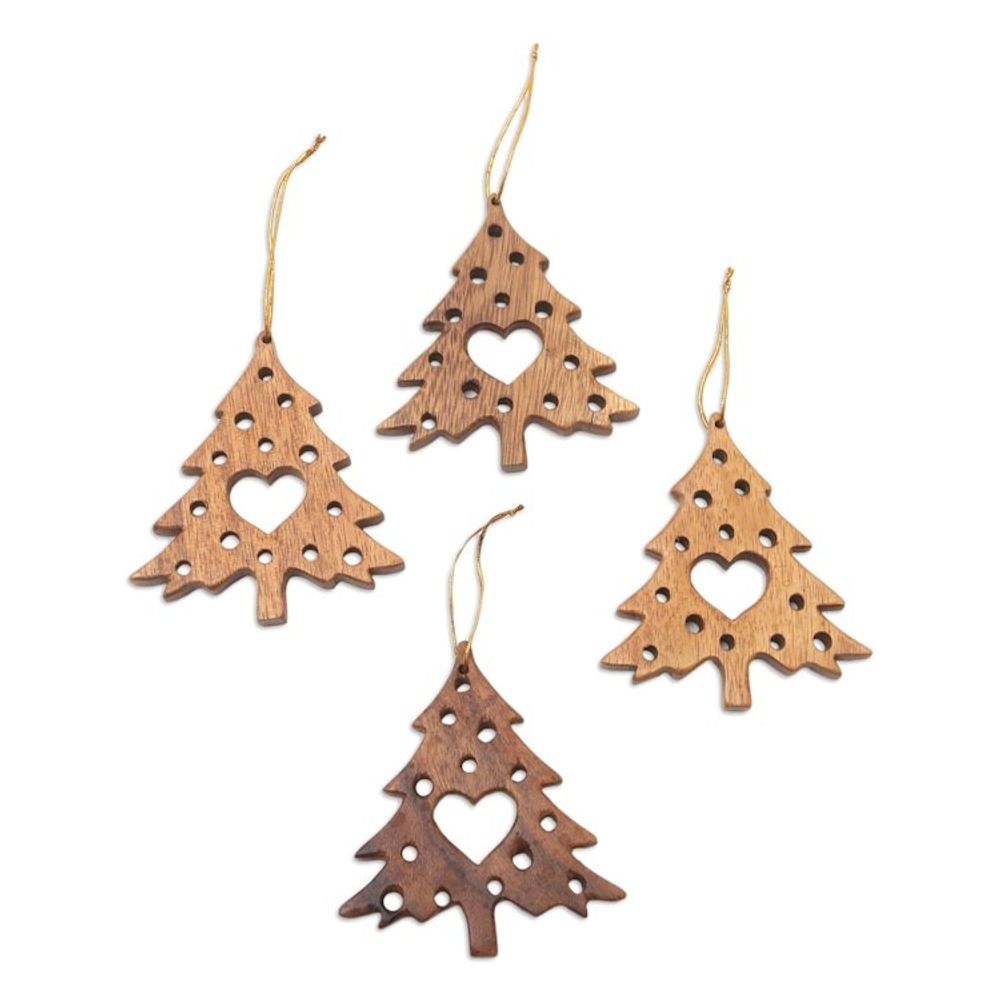 Suar Wood Christmas Ornaments With Hearts Bali Set of 4 'Tree of Love'