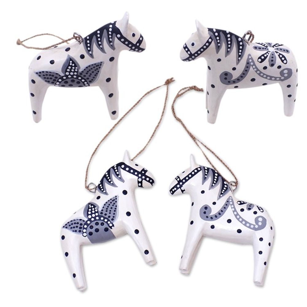 4 Wood White Dala Horse Ornaments Carved Painted by Hand 'Dala Courage'