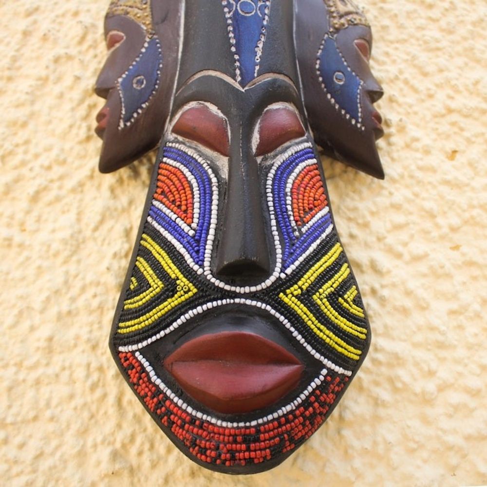 Beaded Wood Three Faced African Wall Mask Crafted by Hand 'Glorious Work'