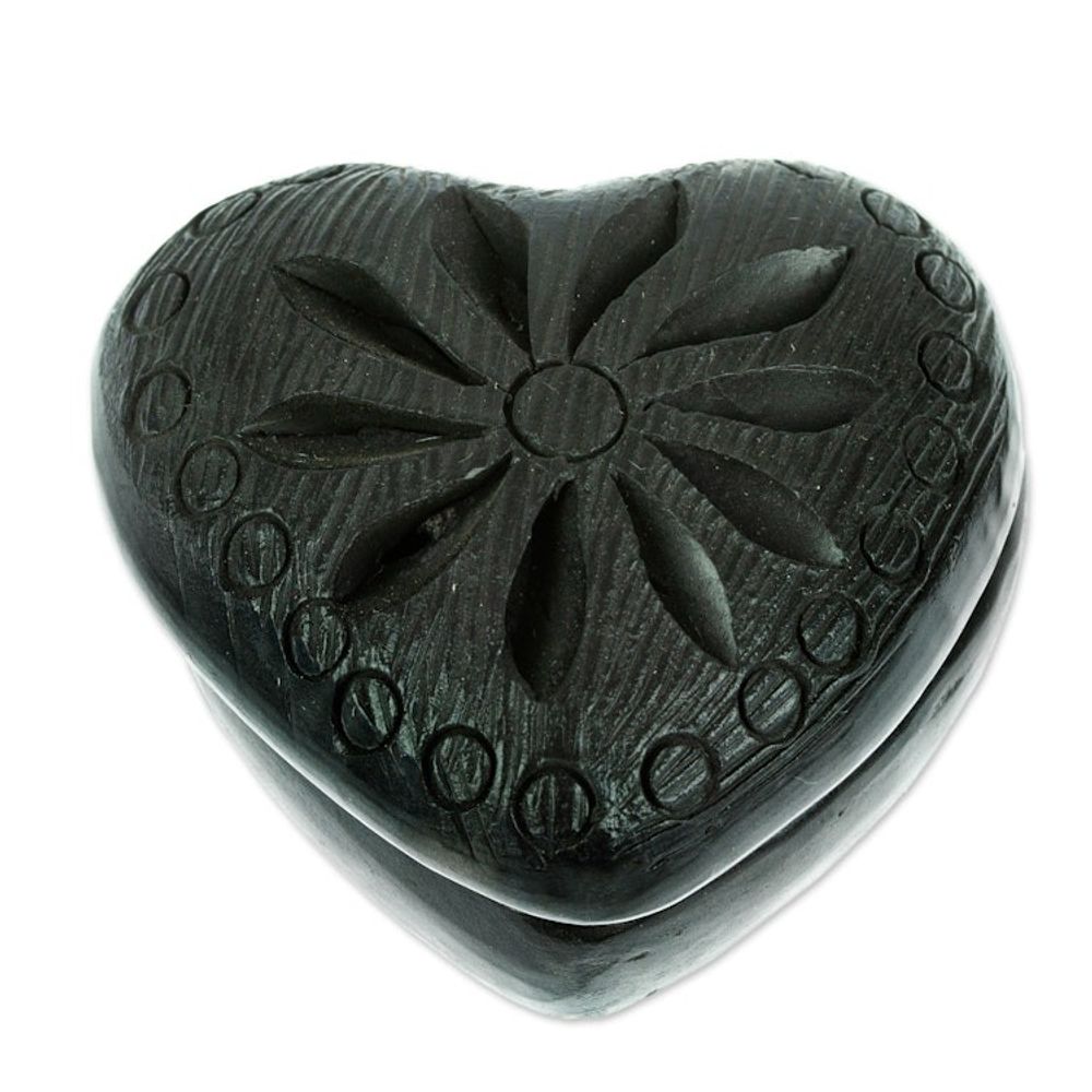 Barro Negro Black Ceramic Mini Jewelry Box Crafted in Mexico 'Heart Flower'