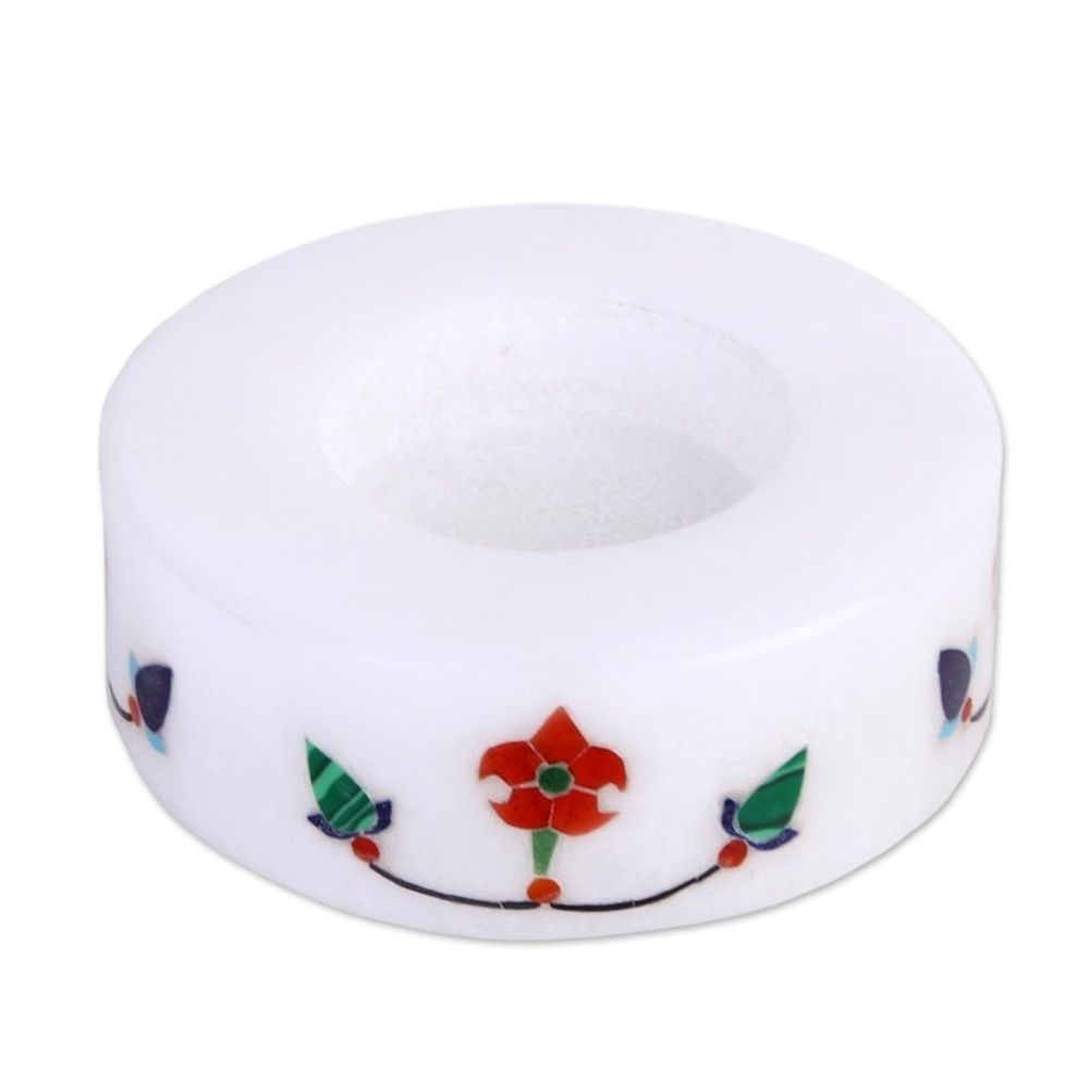 Pair of Marble Tealight Holders Handcrafted in India 'Floral Disc'