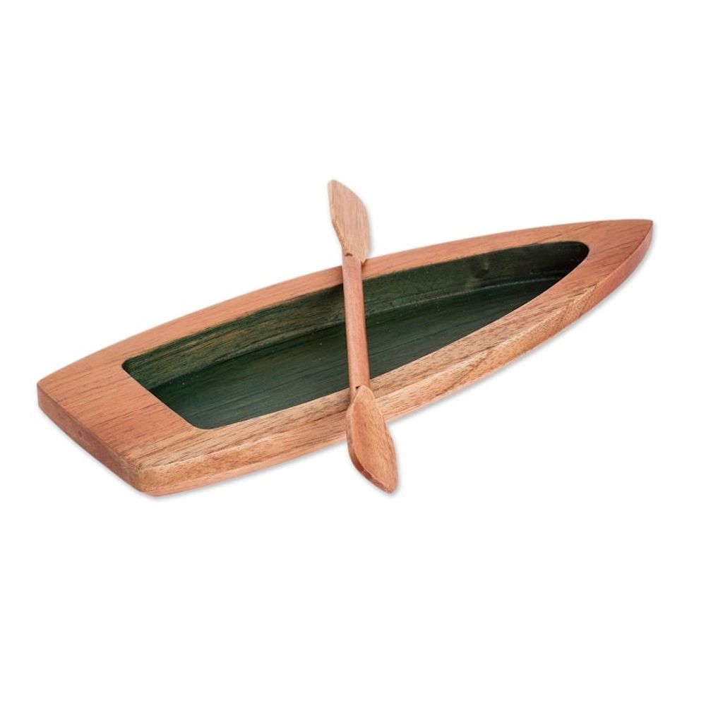 Hand-Carved Green Cedarwood Boat Catchall from Costa Rica 'Adventure in the Green River'