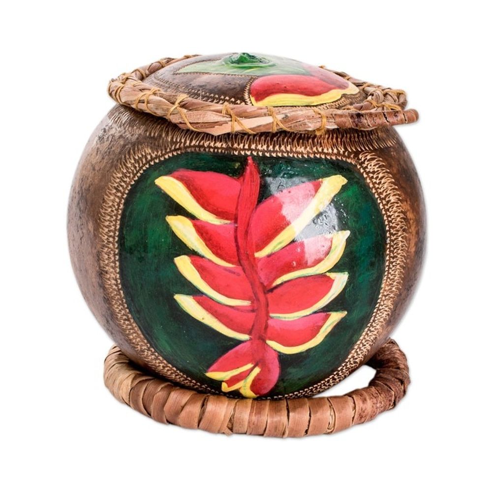 Hand-Painted Red Heliconia Dried Gourd Decorative Accent 'Red Heliconias'