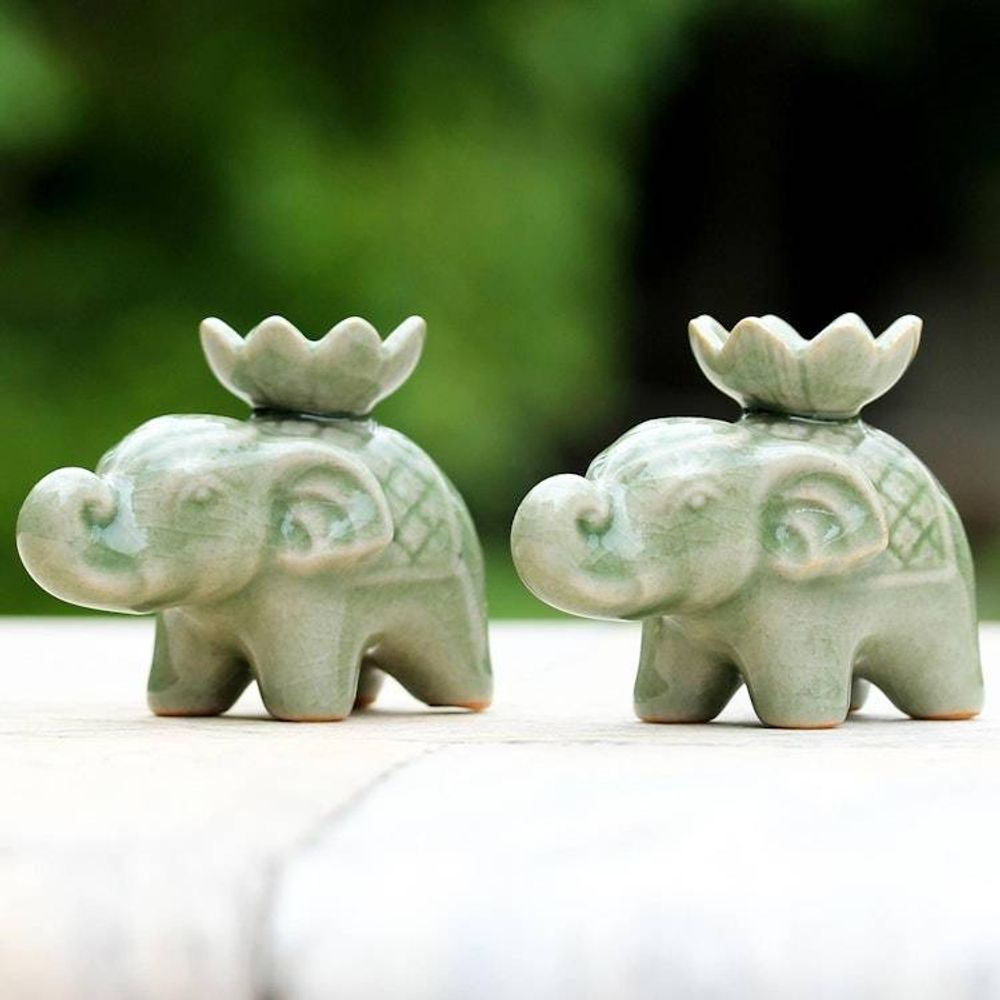 Elephant and Lotus Ceramic Incense Holders from Thailand 2 'Lotus Elephant'